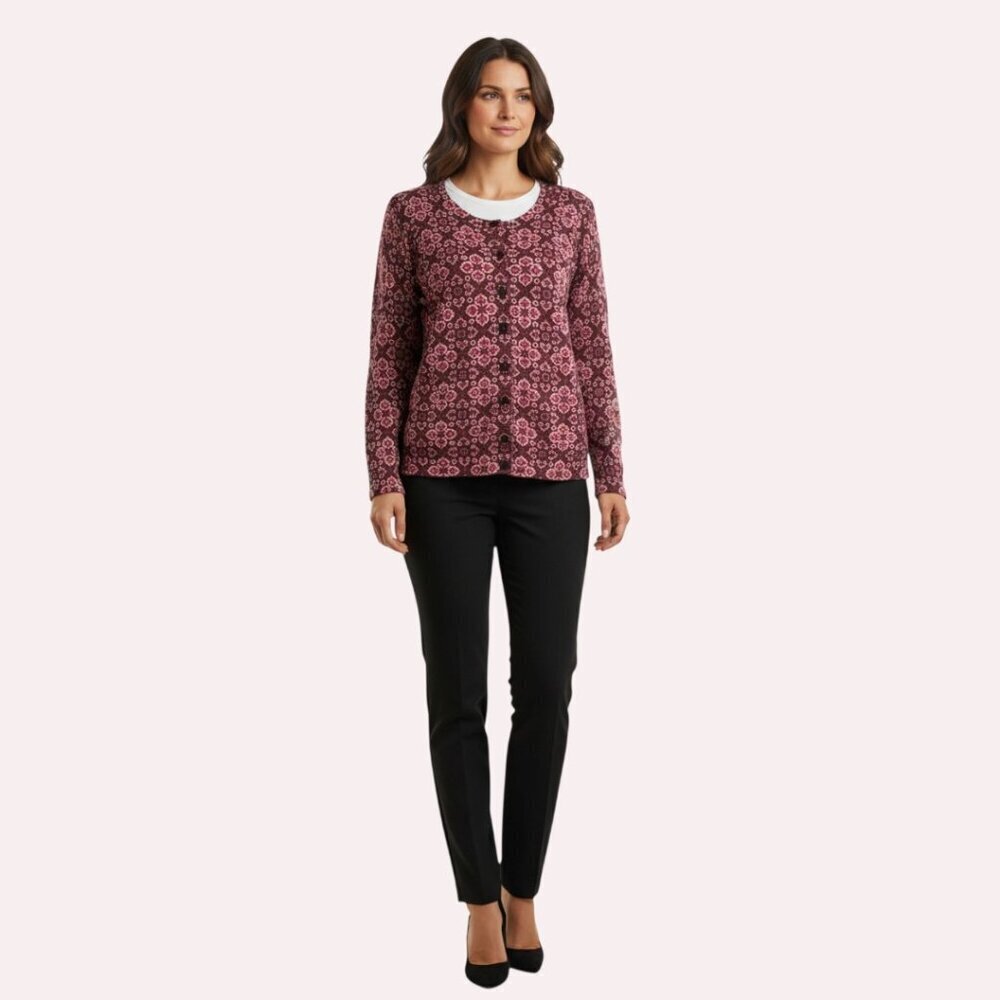 Talbots Womens Cardigan Sweater Burgundy Wine Paisley Print Metallic Gold L NWOT